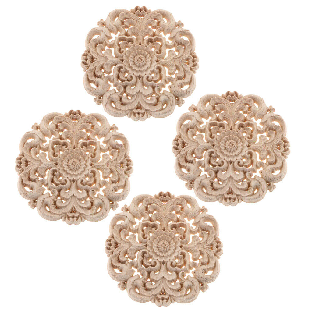 4Pcs Wood Carved Flower Appliques Round Cabinet Onlay with Natural Color