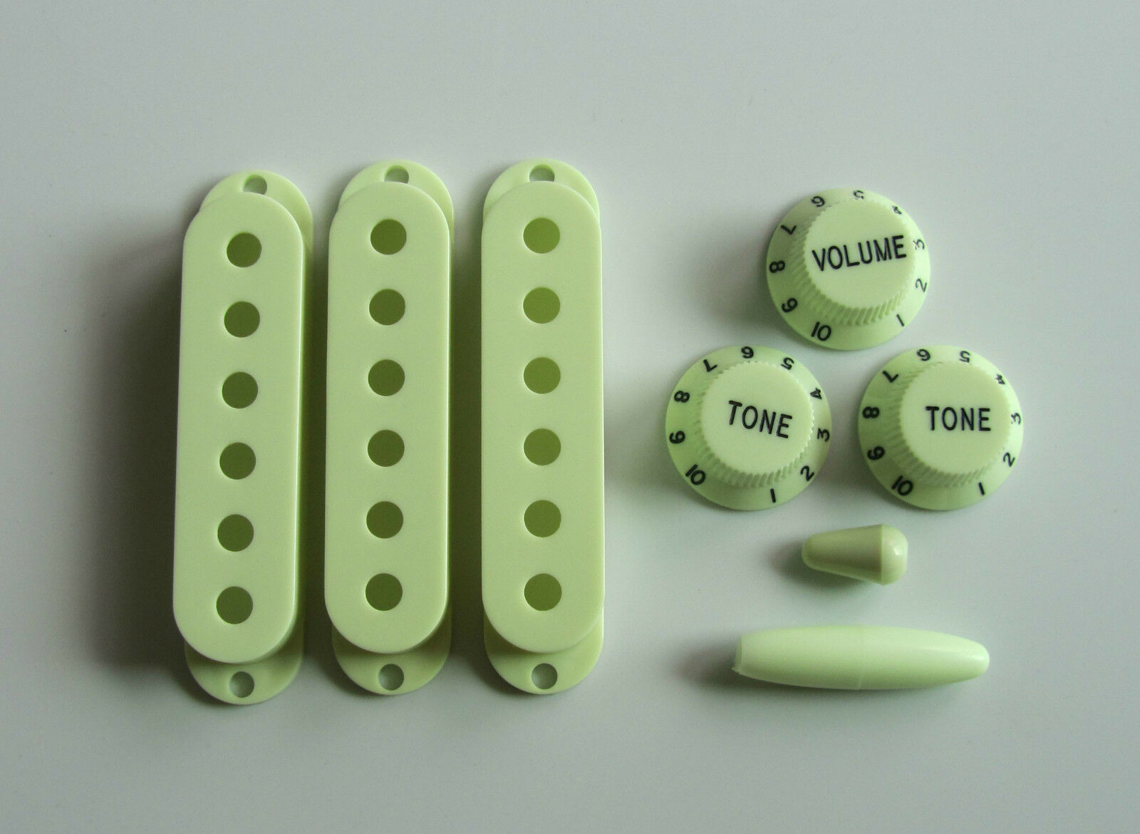 Strat Pickup Covers,Knobs,Strat Trem and Switch Tip Mint Green