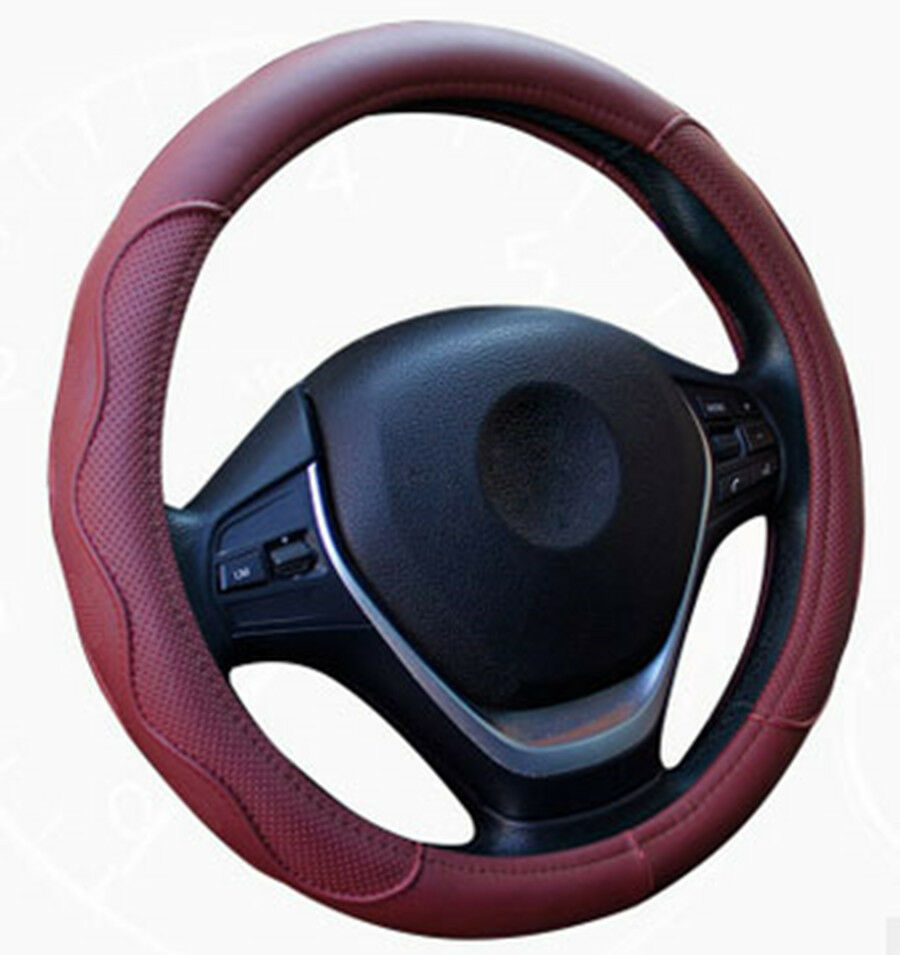 38CM Fiber PU Leather Embossed Car SUV Steering Wheel Cover Sport Style Burgundy
