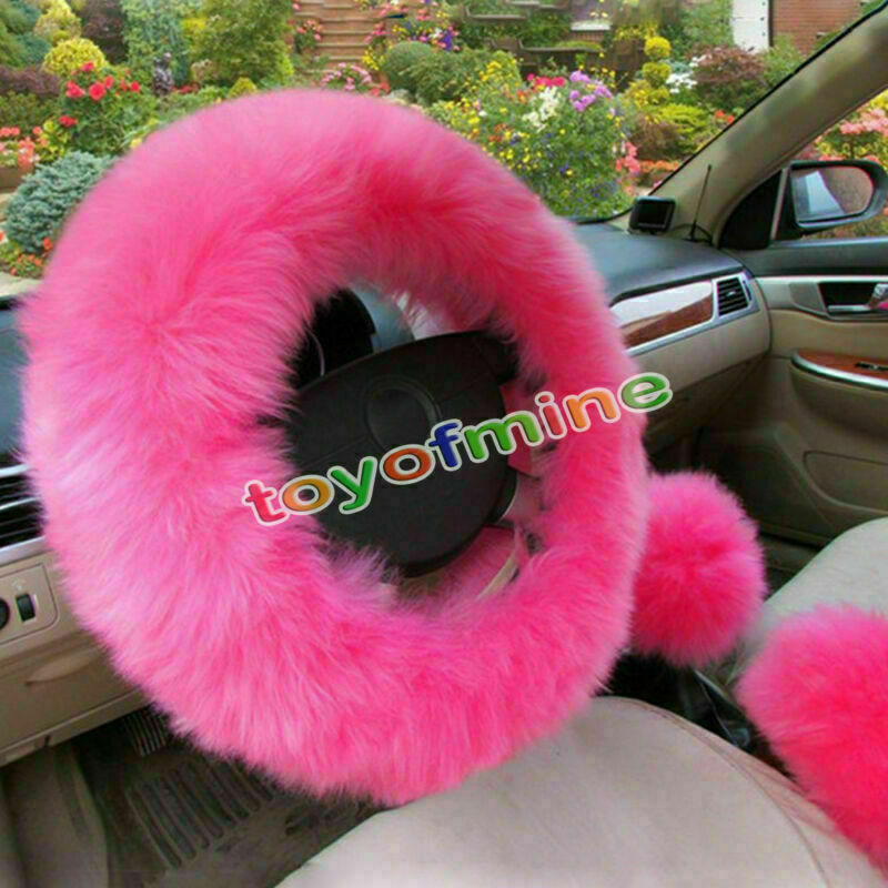 Pink Wool long Plush Winter Warm Steering Wheel Cover Woolen Auto Car Accessory