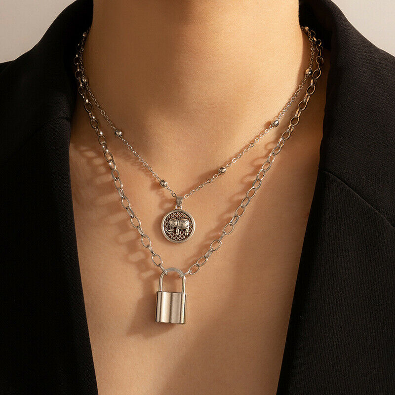 Fashion Multi-Layer Necklace With Elephant/Lock Hanger Chain Punk Choker .l8