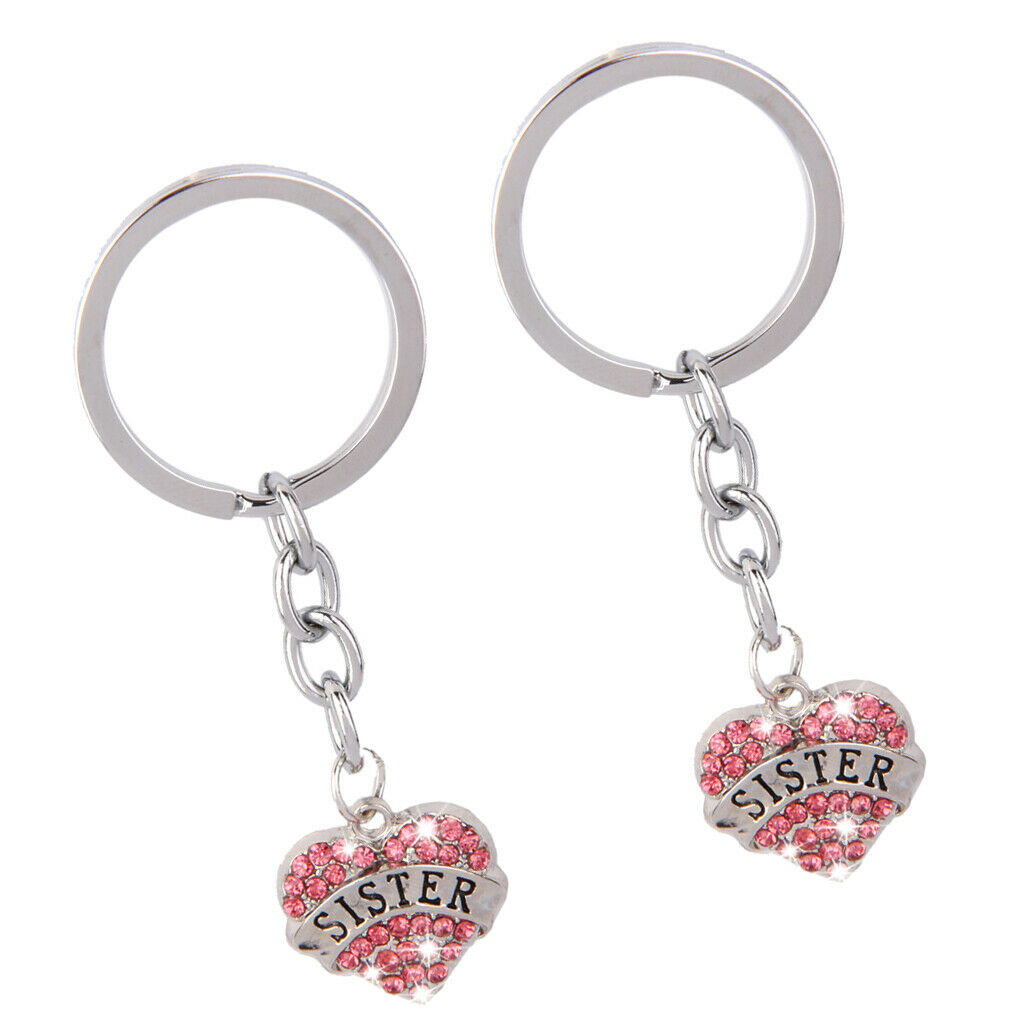 2x Pink Diamante Crystal Heart Pendant Sister Keychain Key Chain Xmas Ring Gift