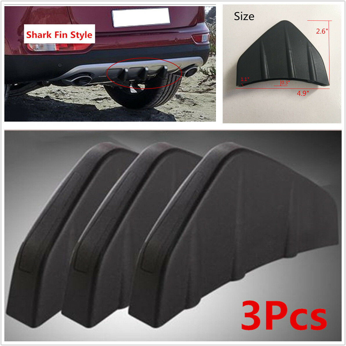 3Pcs Universal Black PVC Rear Bumper Diffuser Molding Point Garnish For All Cars