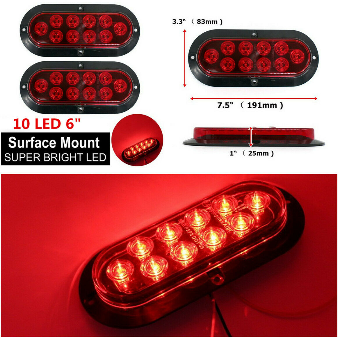 2Pcs 6'' Red 10-LEDs Car Truck Tail Lights Brake/Stop/Turn Signal Side Lamps 12V