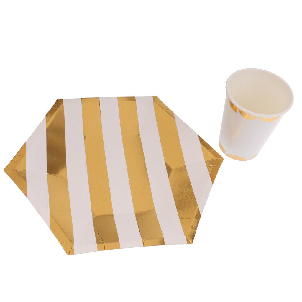 8 Pieces Hexagon Design Golden Stripes Paper PLATES 9"/23cm Happy Birthday Party