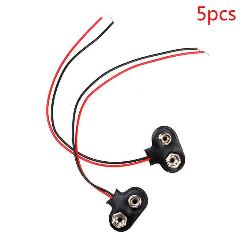 5Pcs Snap 9V (9 Volt) Battery Clip Connector T Type Black w Cab.l8
