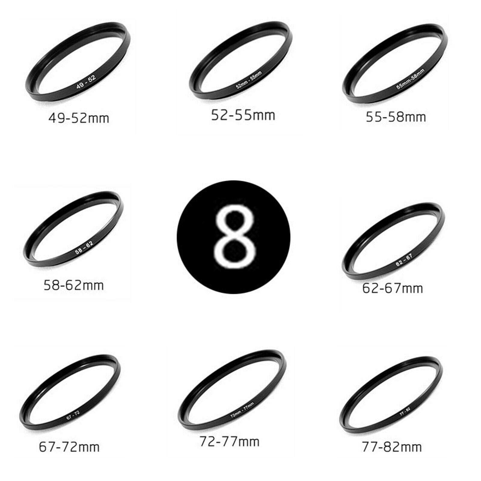 8-pack Stepping Down Rings Lens Adapter Filter Kit Lightweight