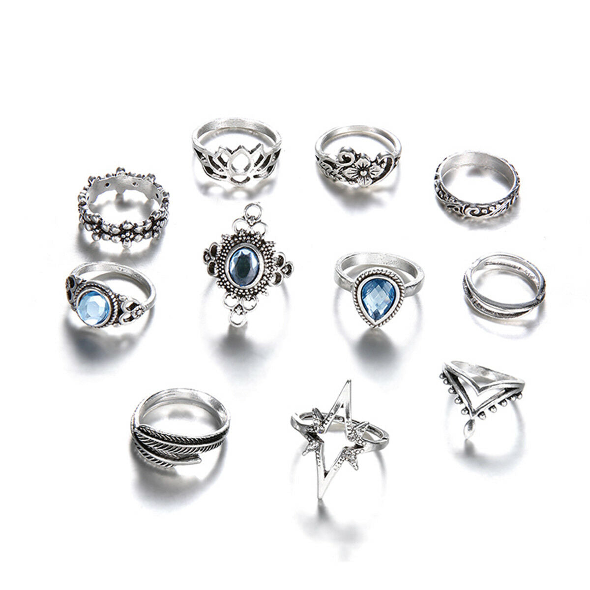 11Pcs/Set Boho Women Blue Crystal Flower Rings Set Leaf Lotus Knuckle Midi Rings