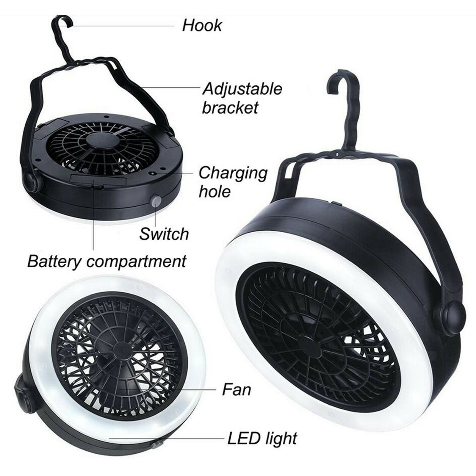 Tent Fan with Light Camping Lantern RV Traveling Travel Desk Fan with Hook