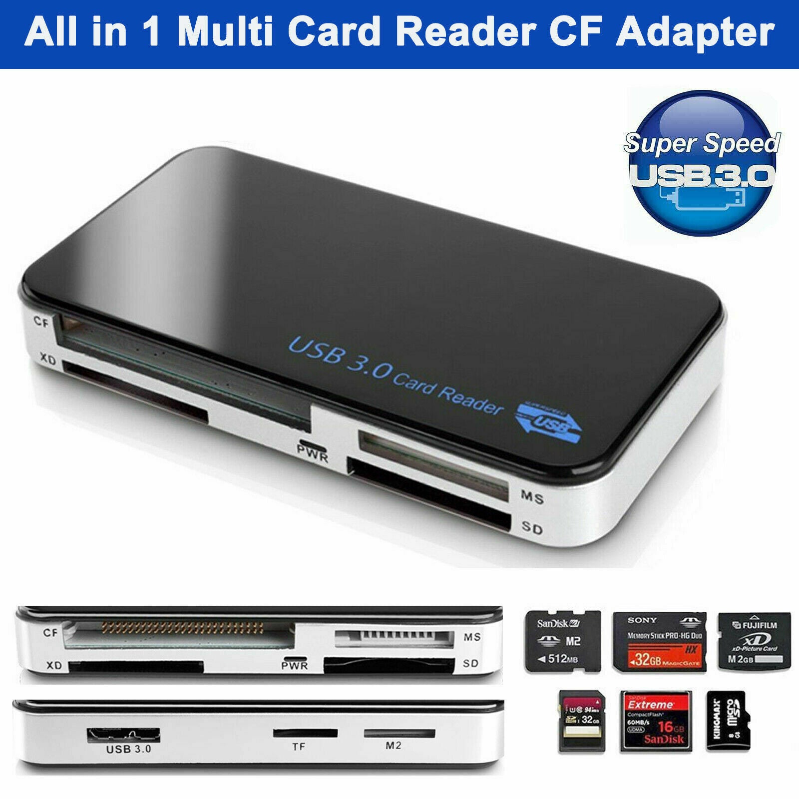 USB 3.0 All in 1 Compact Flash Multi Card Reader 5gbps CF Adapter Micro XD SD MS