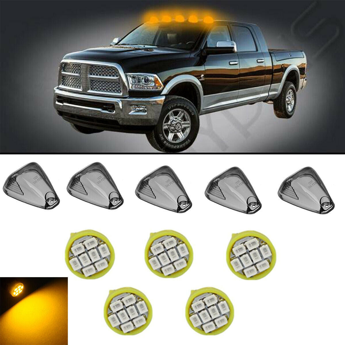 5x Smoke Cab Marker Clearance Cover + Free LED Bulb for Ford F250 F350 F450 F550