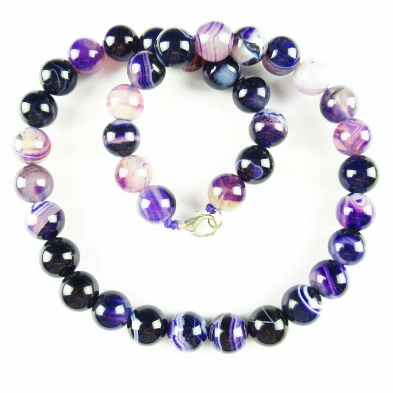 12mm Purple Onyx Agate Round Beads Pendant Necklace 17.5 inch 93g A-506DP