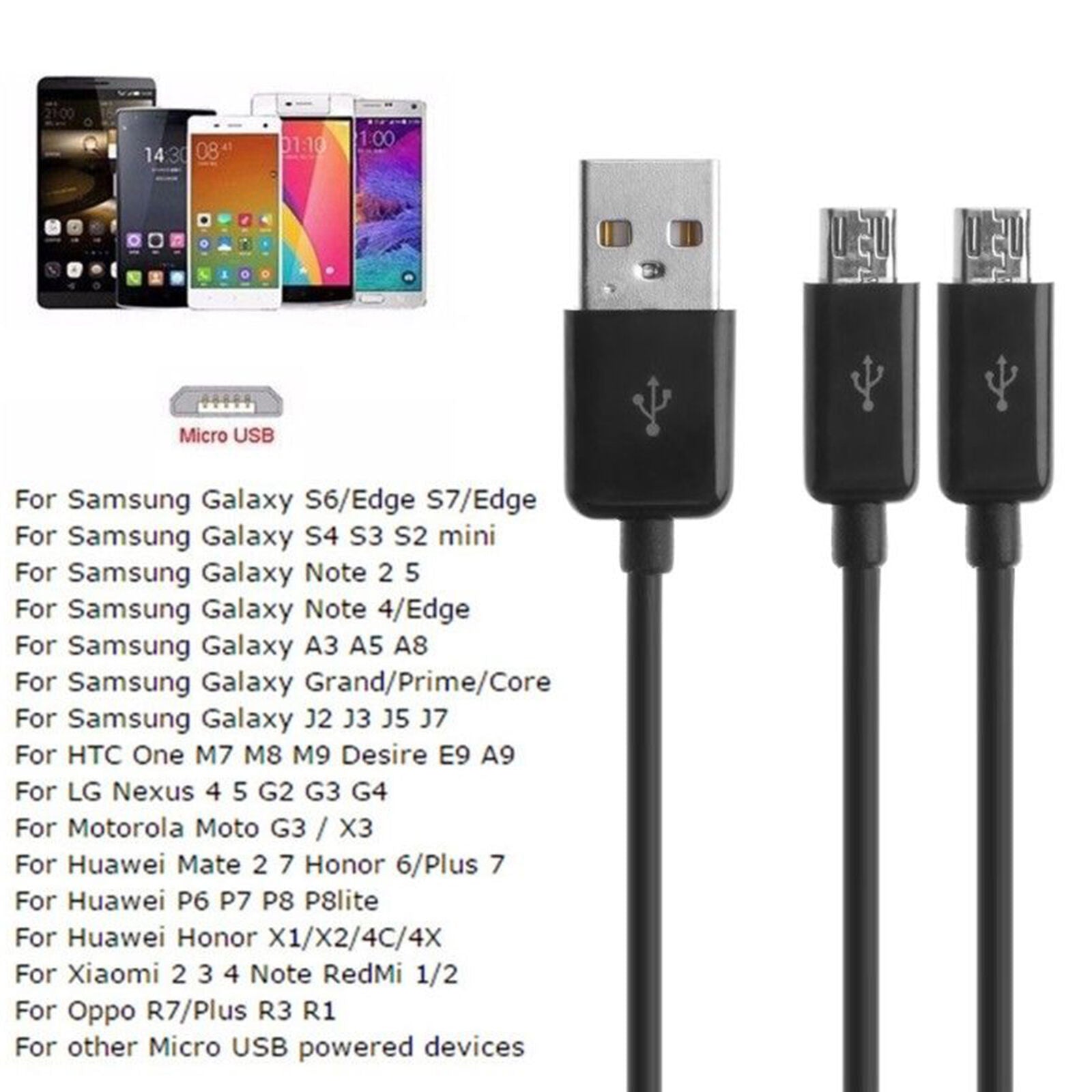 2.0 USB Type A Male To Dual Micro USB Male Splitter Y Charging Data Cable New