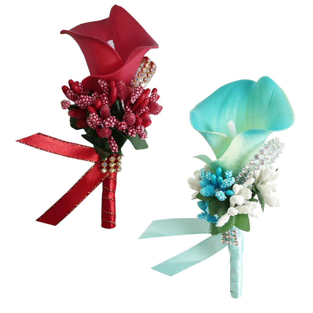 Set 2 Cute Calla Berry Rhinestone Groom Bridal Wedding Corsage Sky Blue+Red
