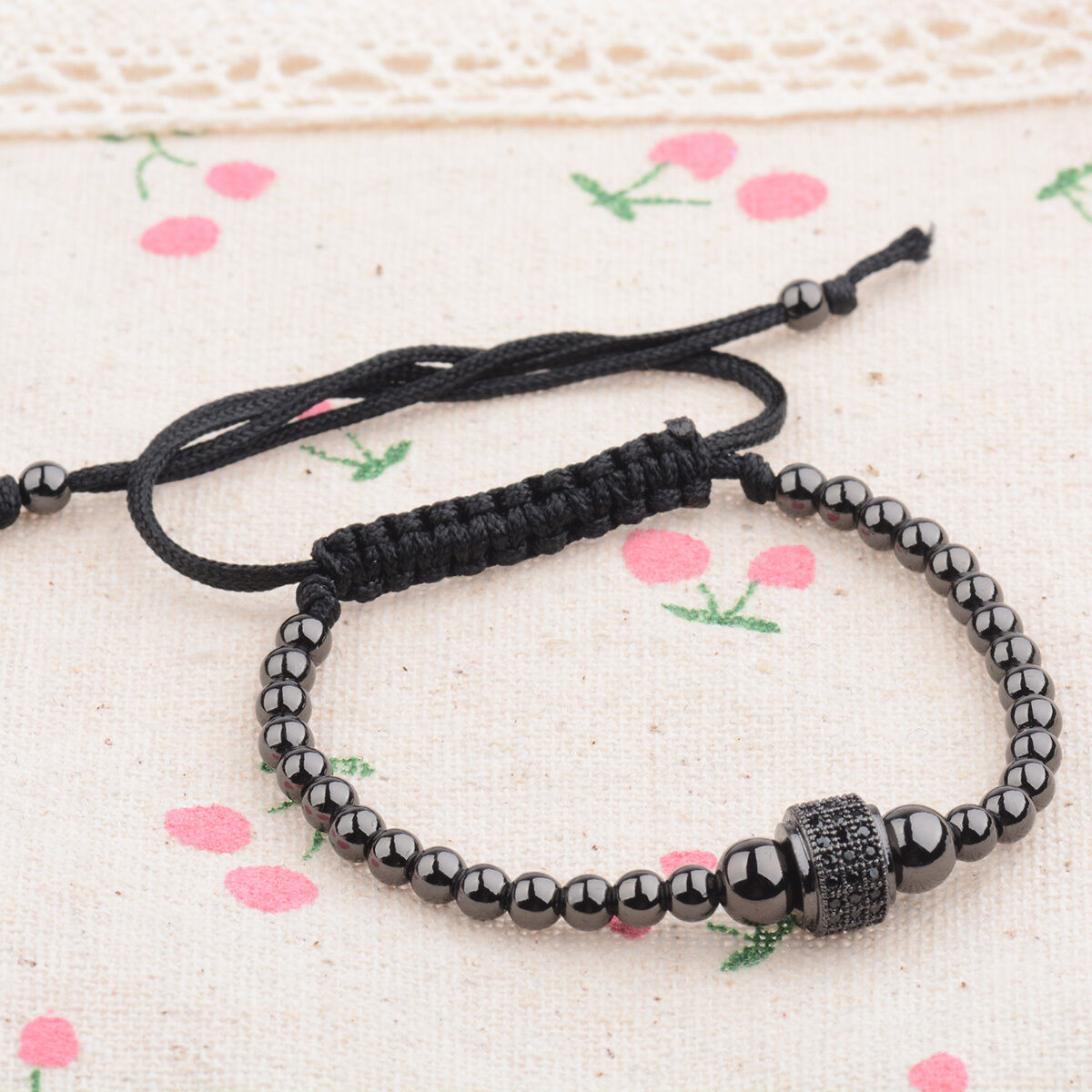 Fashion Man's Rhodium Plated Zircon Roundel Beaded Macrame Bracelet Friendship