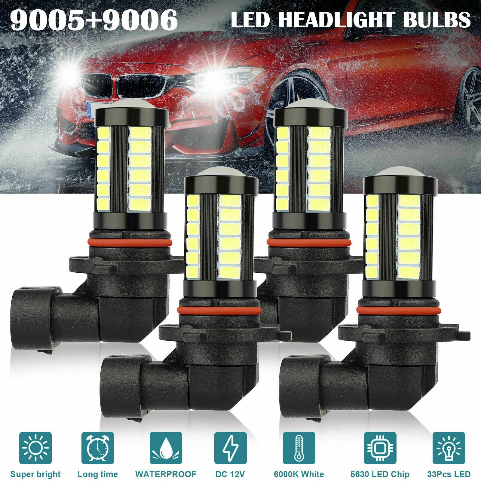 4x 9005 9006 LED Combo Headlight Bulb High Low Beam Kit 6000K Super Bright White