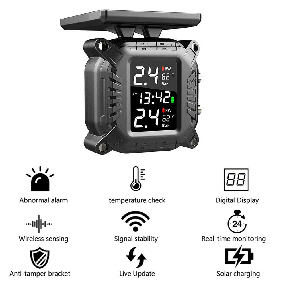 Waterproof Solar Motorcycle TPMS LCD Tire Pressure Monitor System w/ 2 Sensors