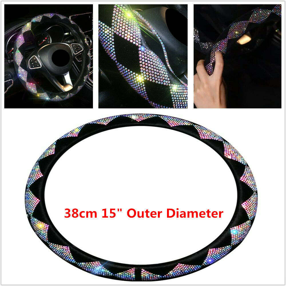 38cm 15" Car Anti Slip Suede Steering Wheel Cover w/Bling Color Diamond Auto SUV