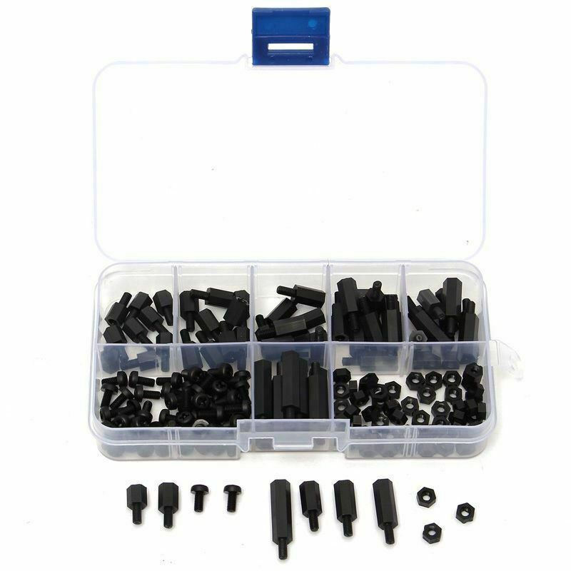 180Pcs Nylon M3 M-F Black Screw Nut Assorted Hex Spacers Stand-off Kit Set + Box