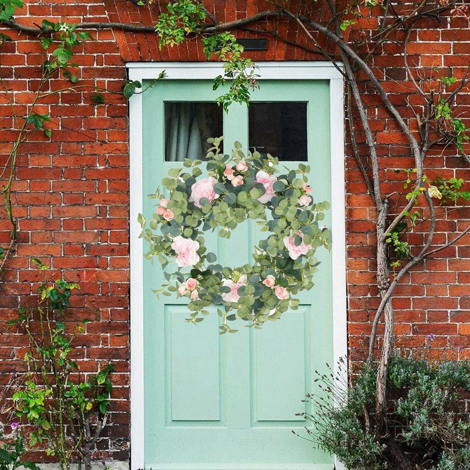 Artificial Eucalyptus Wreath Front Door Silk Rose Garland Spring Outdoor