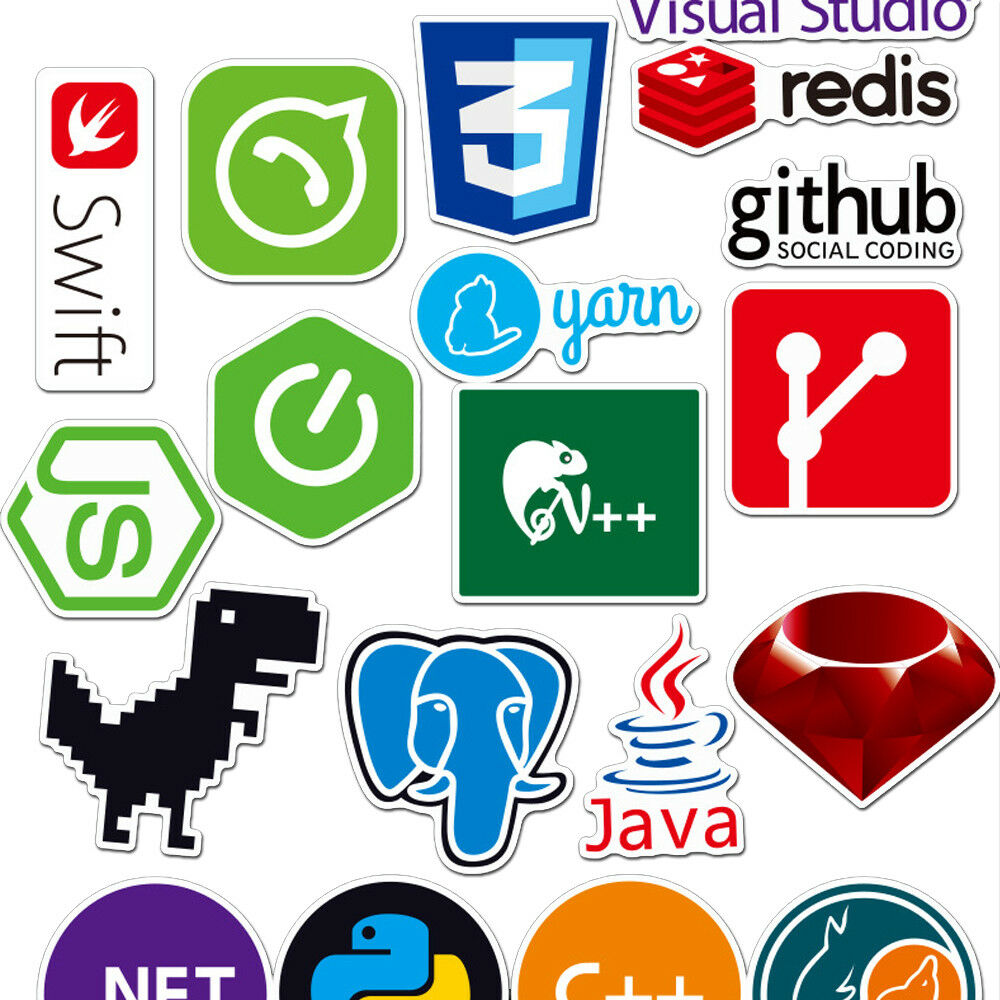 72x Developer, Programmer Stickers of Programming Languages and Internet Brands