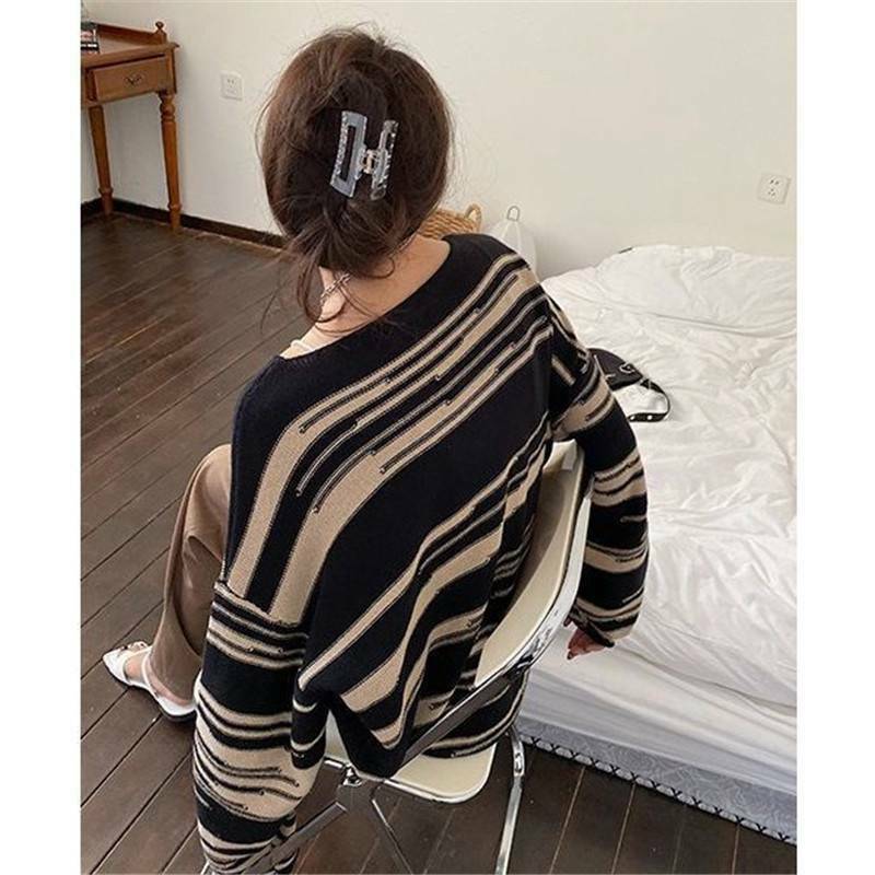 Knitted Striped Jumpers Loose Sweater Long Sleeve Oversize Pullover Casual Retro