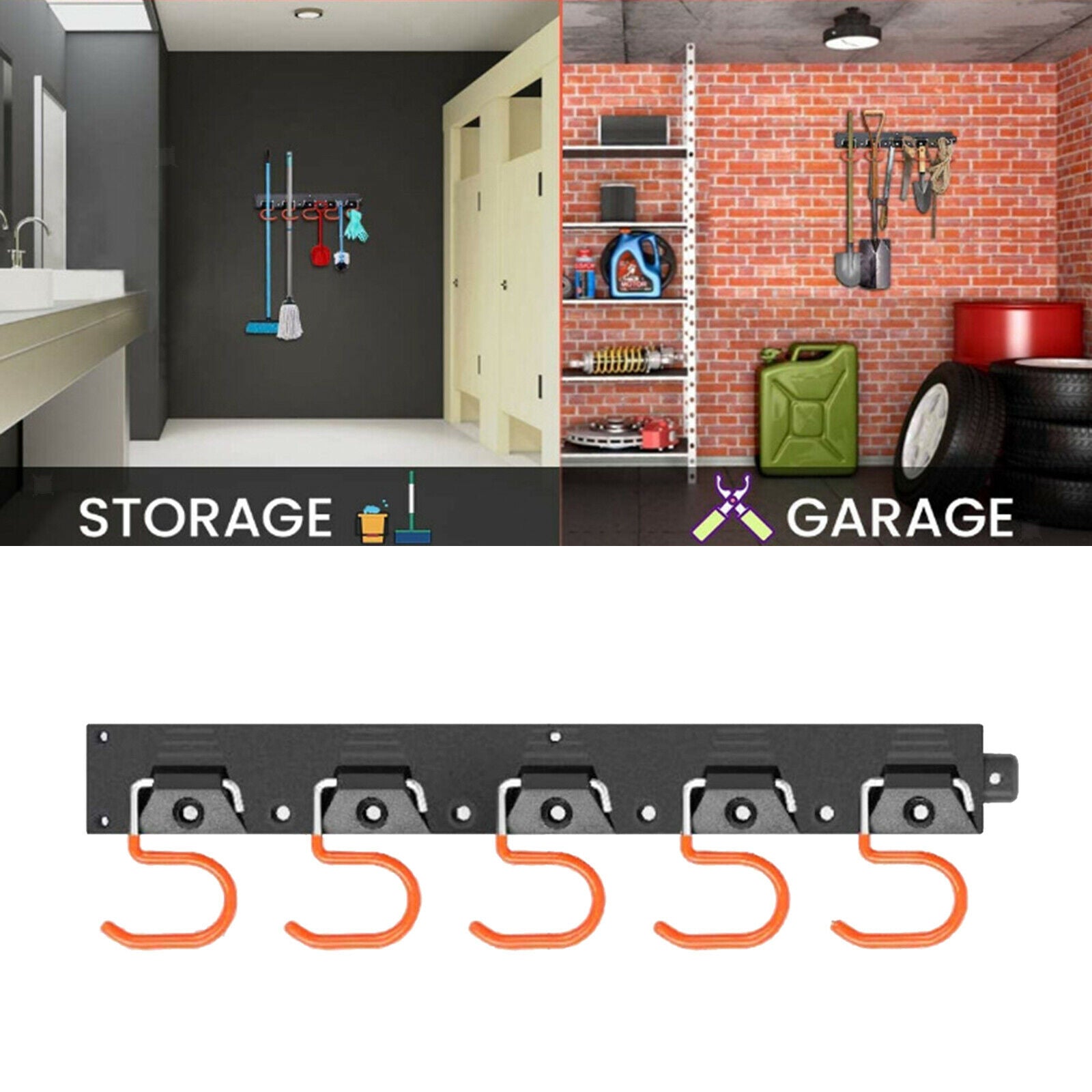 Metal Wall Shovel Storage Rack Broom Hanger Garden Tool Organiser with 5 Hooks