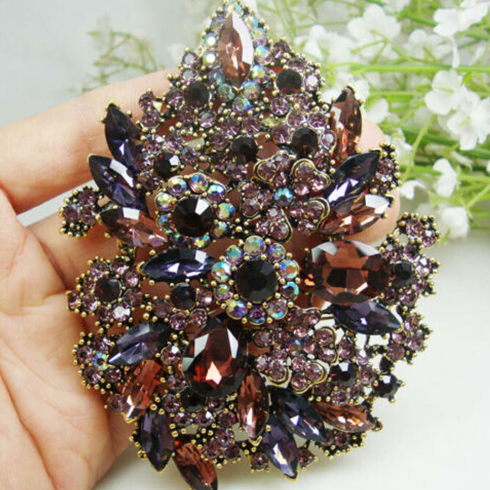 3.94" Purple Dual Droplets Flower Group Rhinestone Crystal Brooch pin Pendant