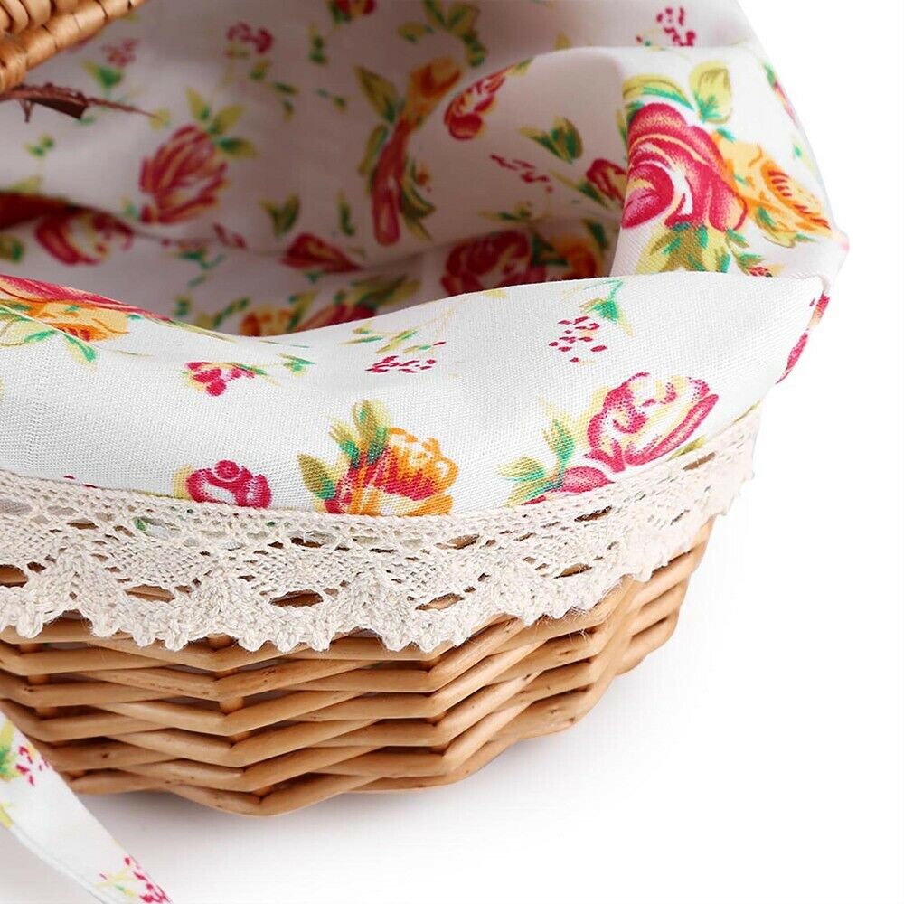 Wicker Linen Picnic Basket Food Storage Hamper Wooden Handle Camping Handmade