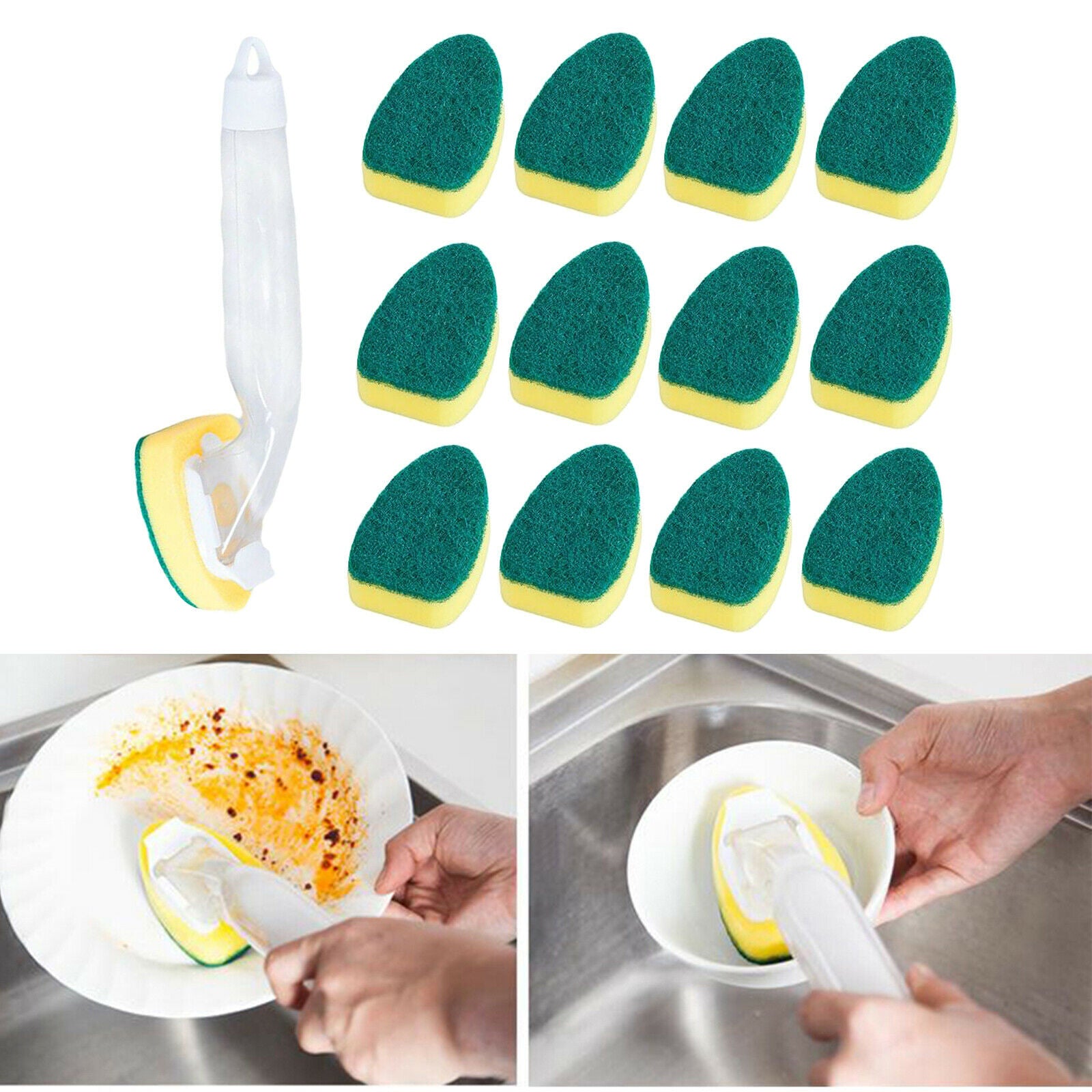 Kitchen Dish Wand Scrubber Brush w/ 12pcs Spare Sponges for Pan Pot Cleaning