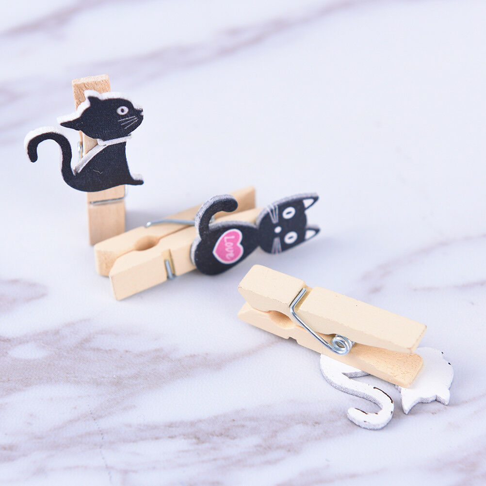 10x Cute cat wooden clips with hemp rope Mini paper clip for students DIY.l8