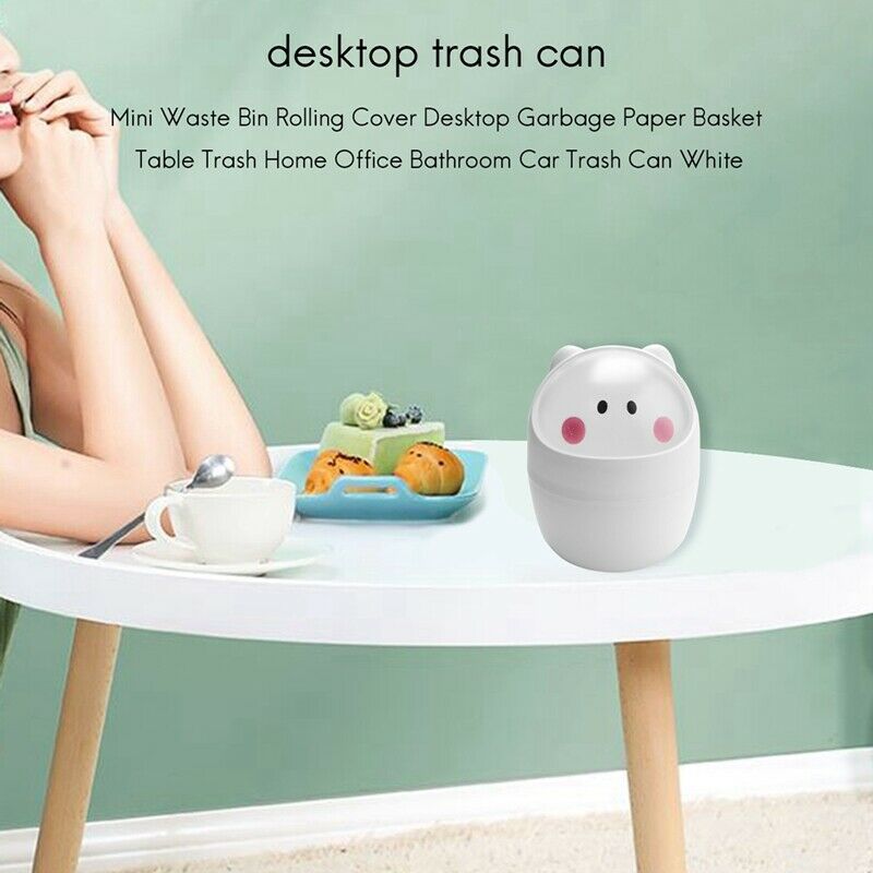 Mini Waste Bin Rolling Cover Desktop Garbage Paper Basket Table Trash Home OffQ9