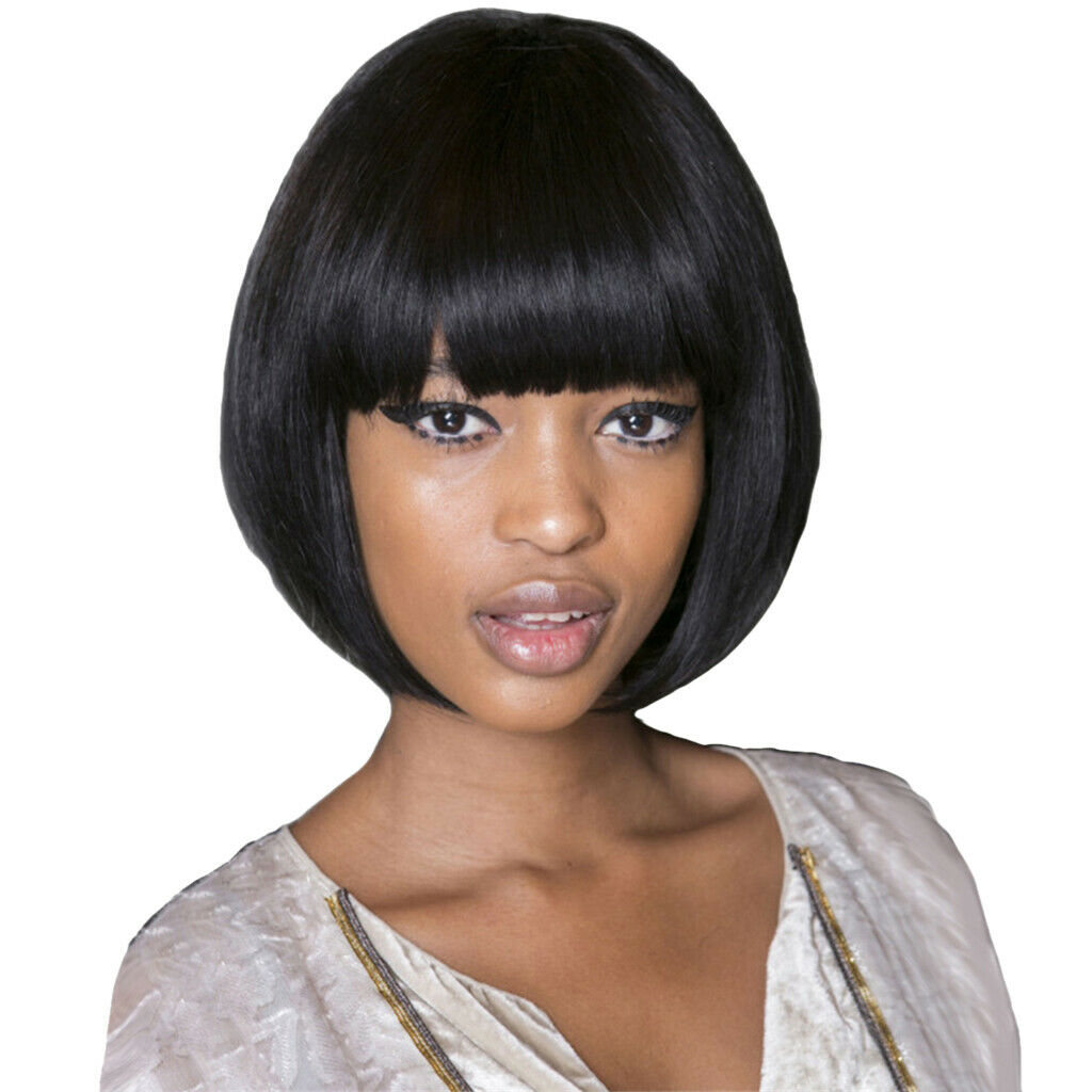12'' Women Short Straight Synthetic Bob Full Hair Wigs With Bangs + Wig