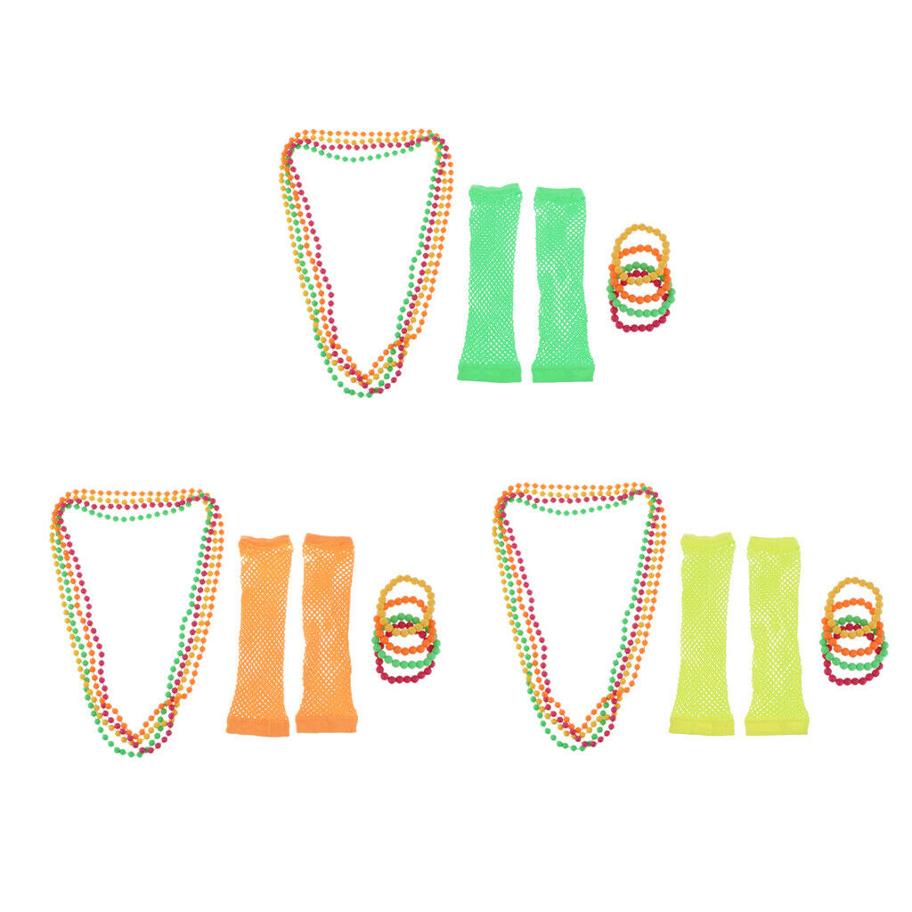 Set of 27 Womens 60s 70s 80s Punk Party Beads Necklace Bracelet Gloves Prop