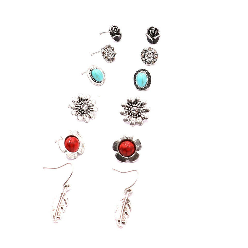 6 Pairs Women Lady Retro Crystal Rhinestone Flower Leaf Ear Stud Earrings