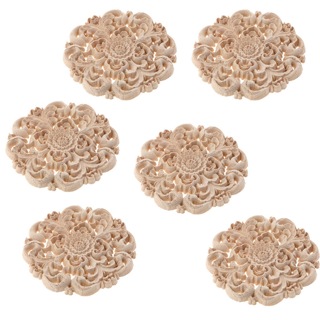 6Pcs Round Wood Carved Flower Appliques Elegant Cabinet Onlay Craft Unpainted