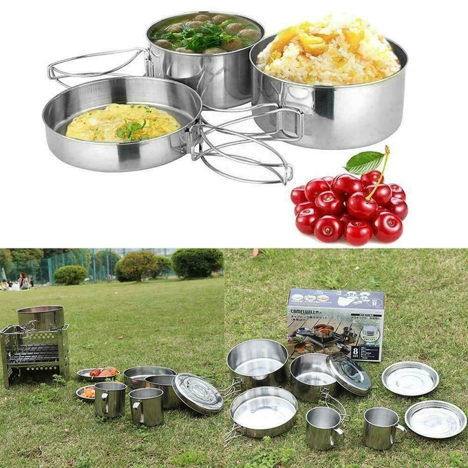 8 x Steel Camping Cookware Cooking Picnic Pan Outdoor Pot Set Y9I4