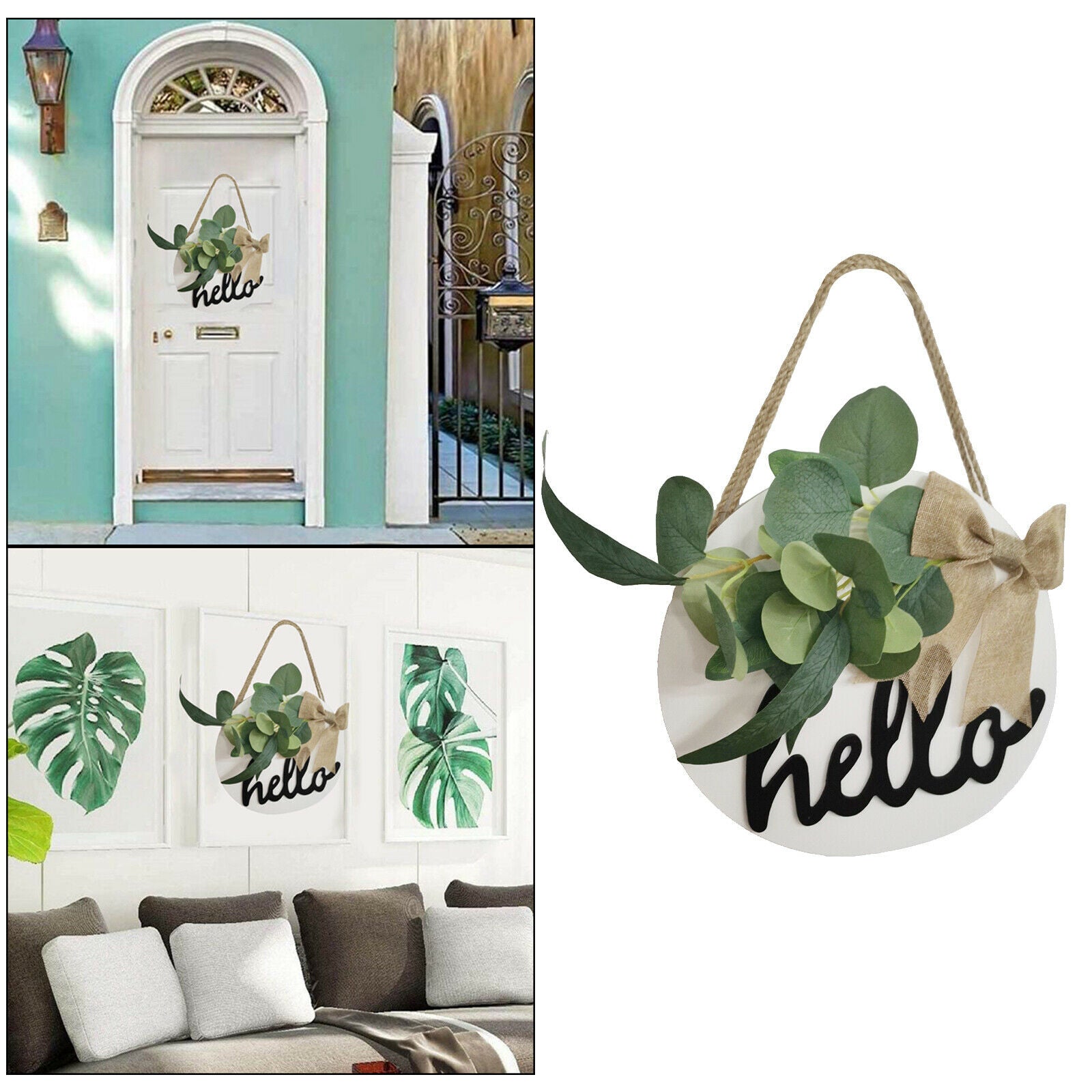 Wood Hello Sign Front Door Decor Farmhouse Hanging Sign Door Wreaths White