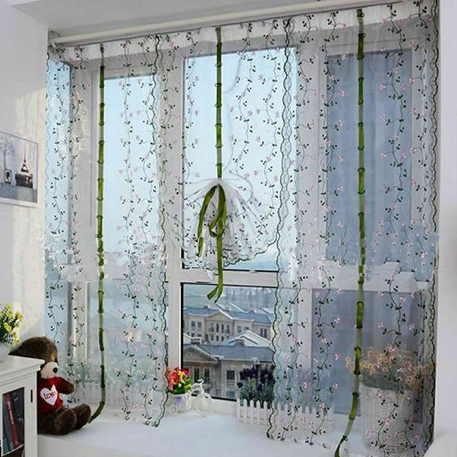 Fresh Hand Embroidered Floral Shade Sheer Voile Door Window Cafe Kitchen Curtain