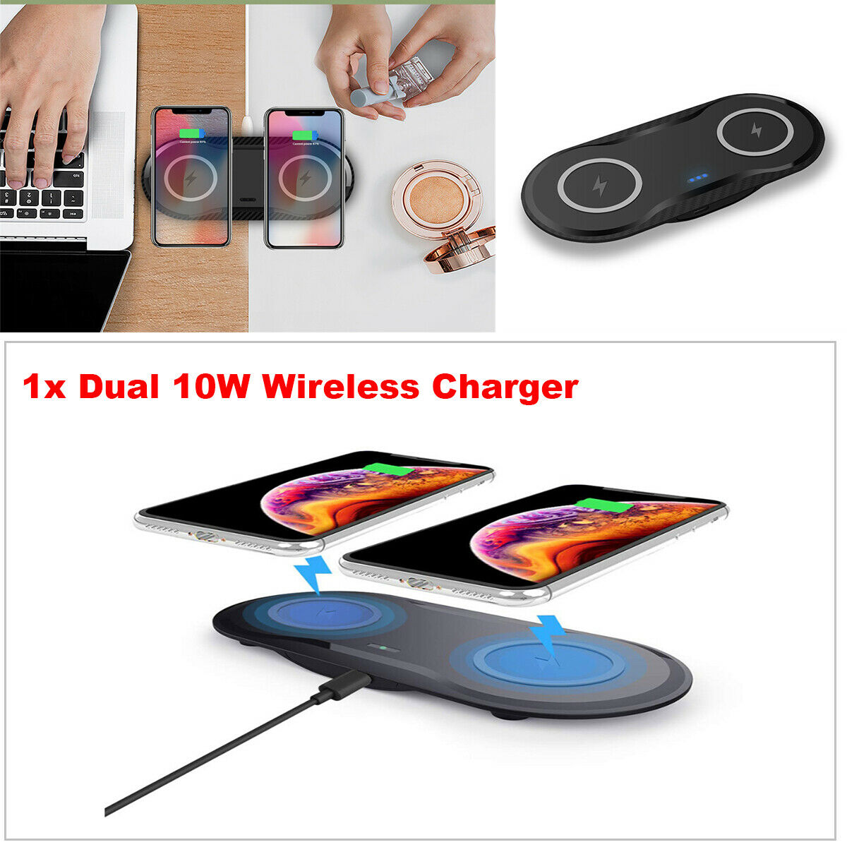 20W Two-seater Car QI Wireless Fast Charger 2 in 1 Desktop Mobile Phone Charger