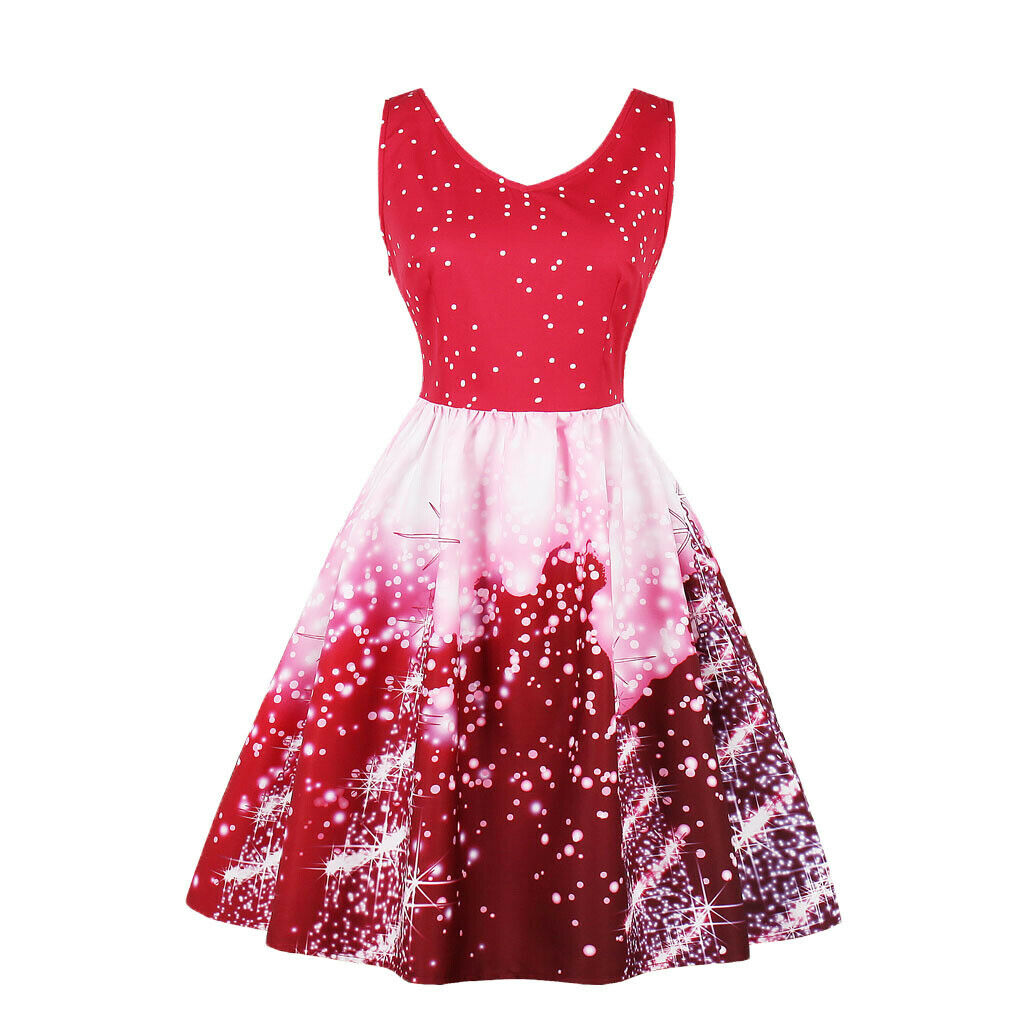 Women Christmas Party Polka Dots Snowflake V-neck Swing Dress M Red