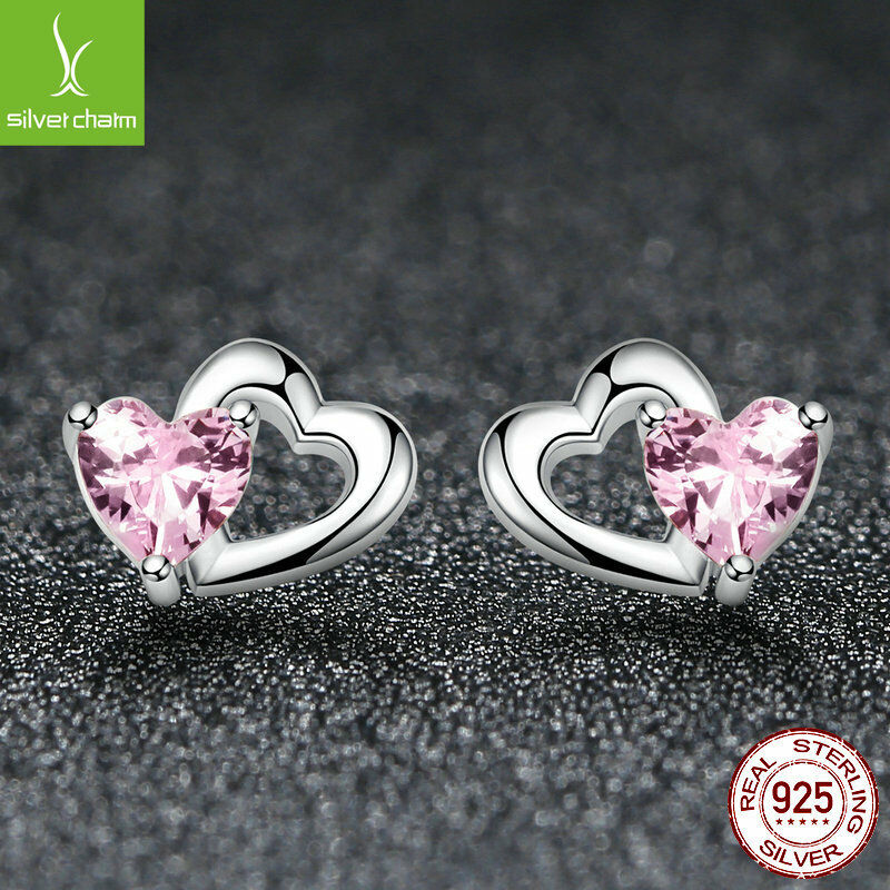 Double Love Heart to Heart Pink CZ Stud Earrings for Women 925 sterling Jewelry