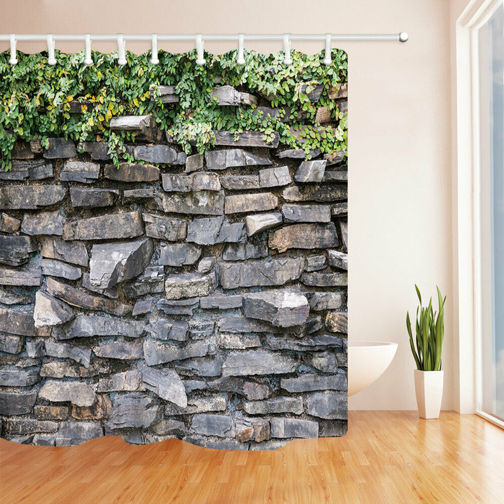 Ancient Stone Wall and Green Vine Fabric Bathroom Shower Curtains & Hooks 71x71"