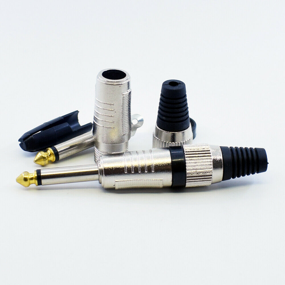 10pcs 1/4" 6.3mm Mono Metal Plug with Black Ring & Black Plastic Audio Connector