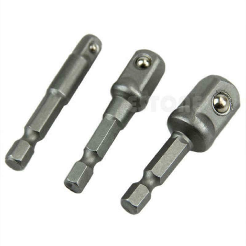 Easy Use 1/4" 3/8" 1/2" Steel Drill Bit Bar Hex Socket Driver Shank Adapter Set