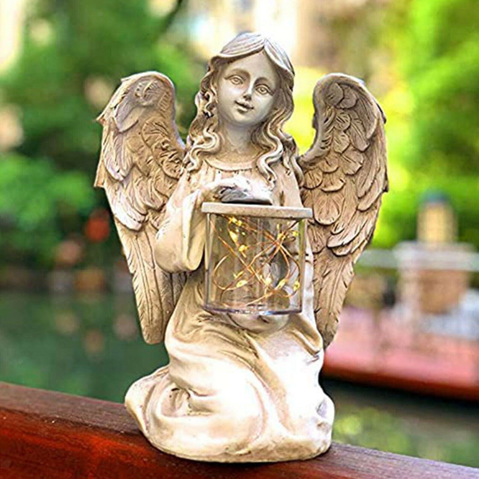 Kneeling Angel Girl Statue Home Decor Wings Angel with LED Light Sculpture