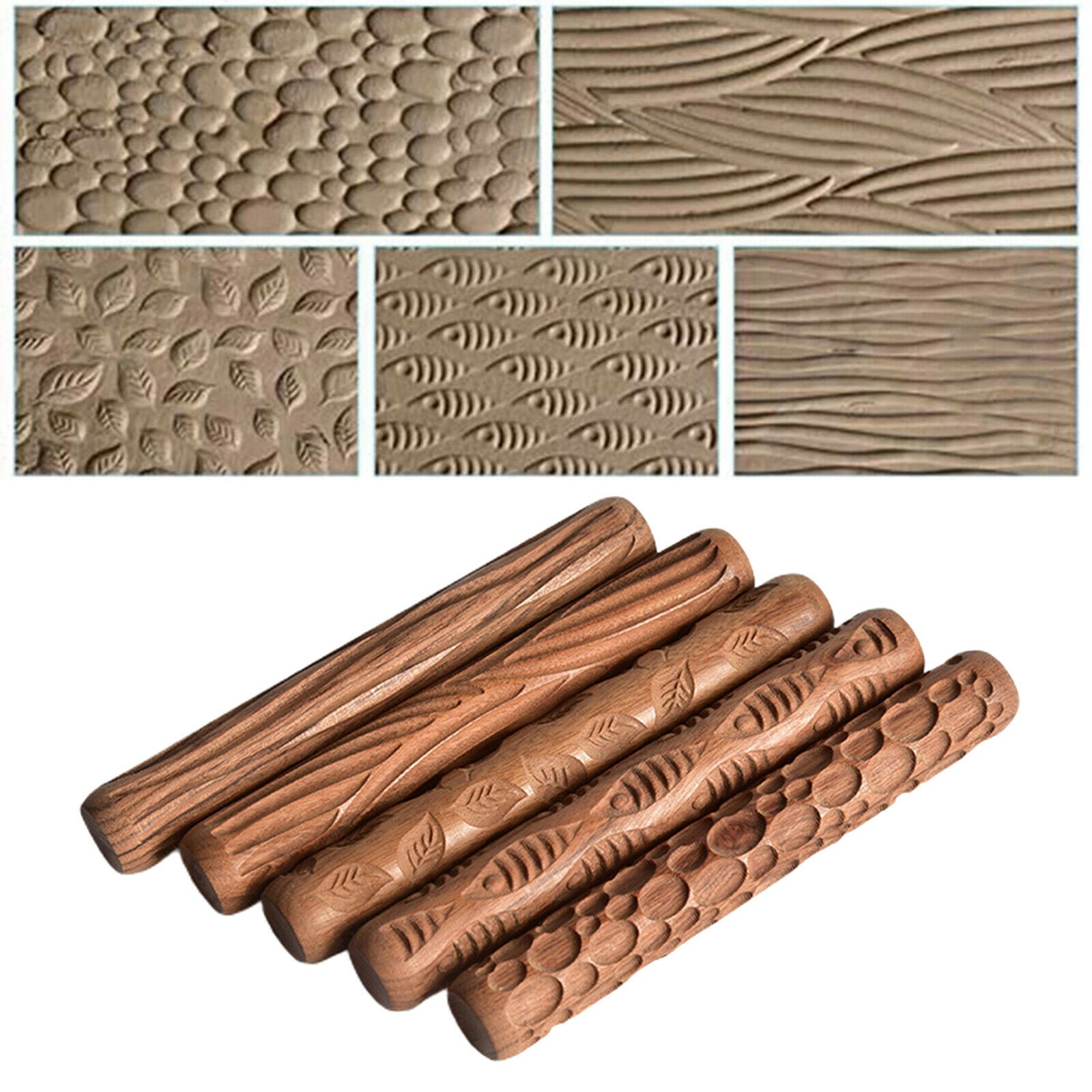 5x Wooden Pottery Pattern Roller Cobblestone Clay Modeling Textured Handle
