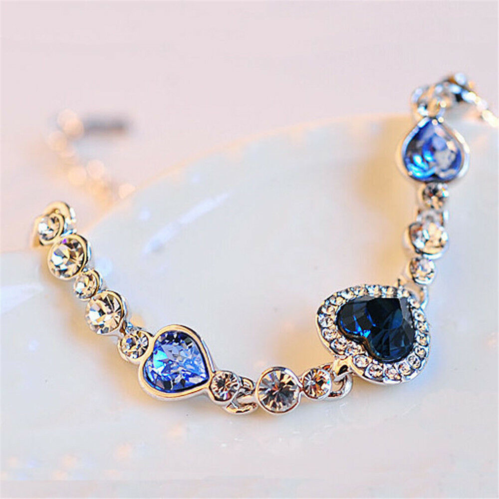 Luxury Fashion Women Blue Crystal Rhinestone Heart Charm Bangle Bracelet Gift