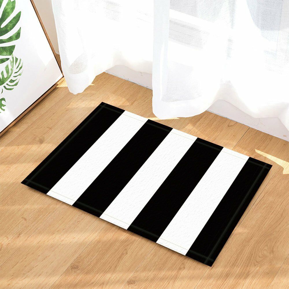 Black & White Grunge Stripe Bathroom Rug Non-Slip Floor Door Mat Flannel 16x24"