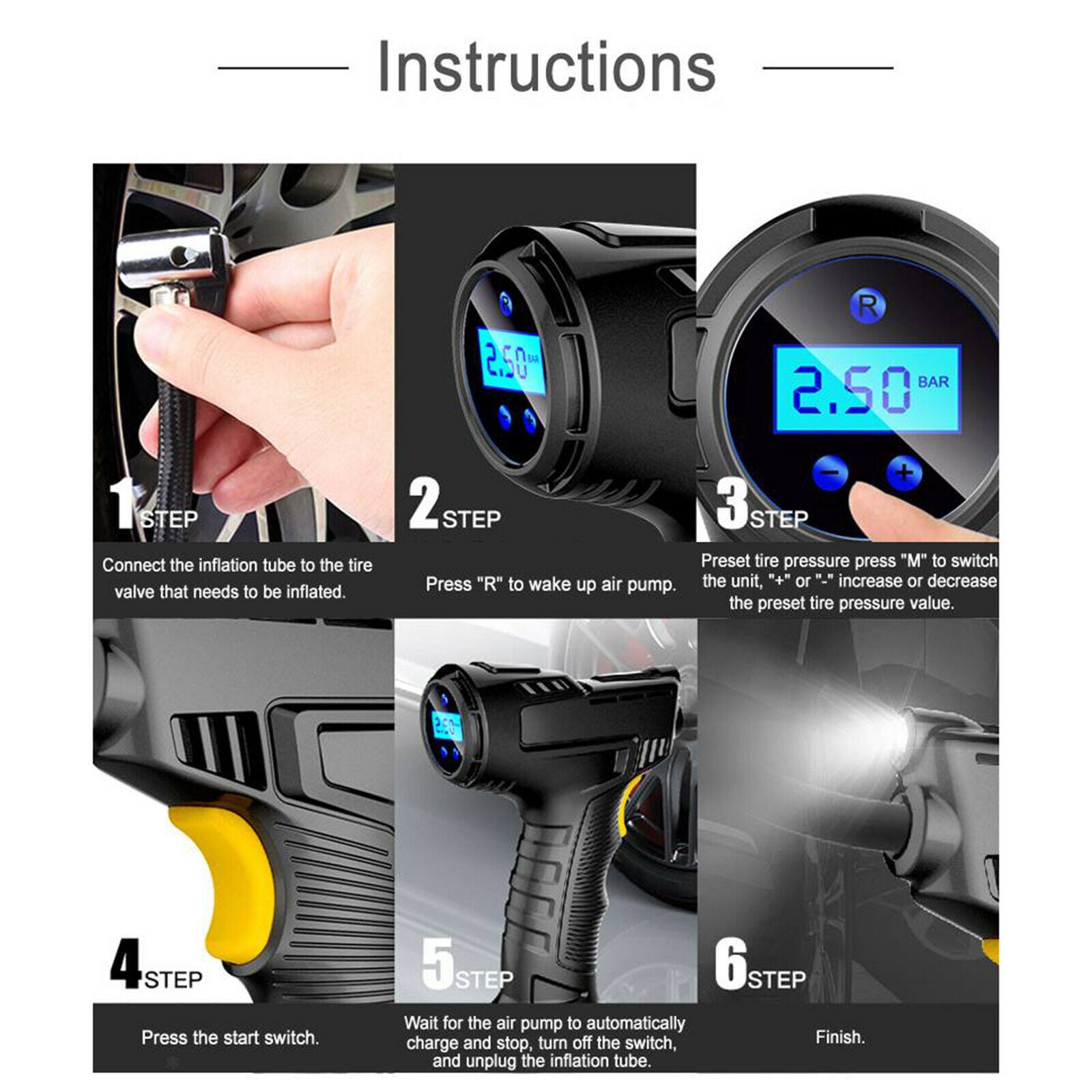 Electric Cordless Tire Inflator Portable Air Pump Digital Display Screen